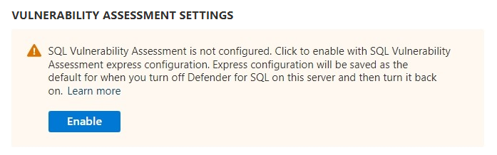 在 Microsoft Defender for SQL 设置中启用快速漏洞评估配置的通知的屏幕截图。