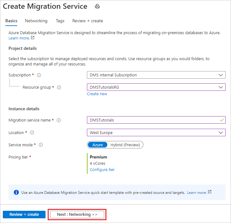 配置 Azure 数据库迁移服务实例基本设置的屏幕截图。