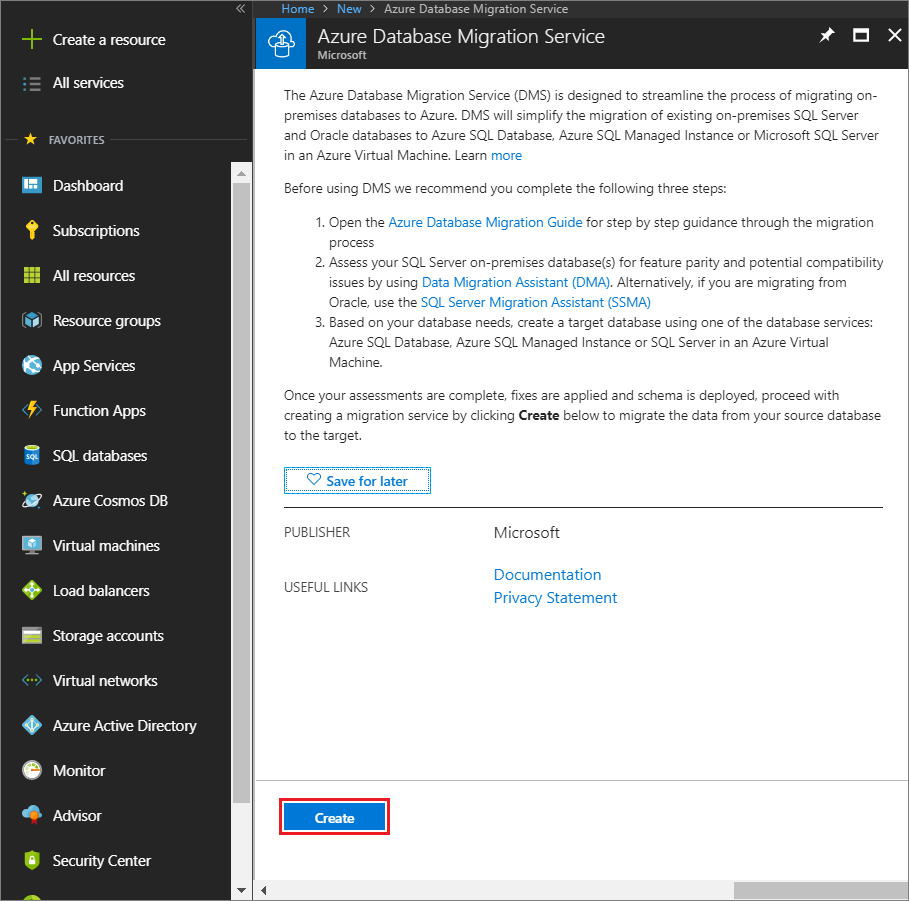 Screenshot that shows how to create an instance of Azure Database Migration Service.