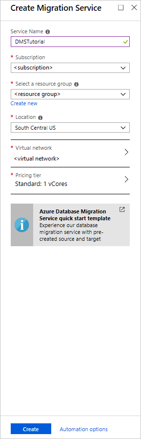 Screenshot that shows configuration settings for the instance of Azure Database Migration Service.