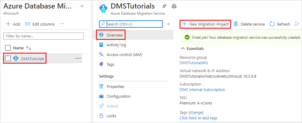 Screenshot of a Searching the Azure Database Migration Service instance.