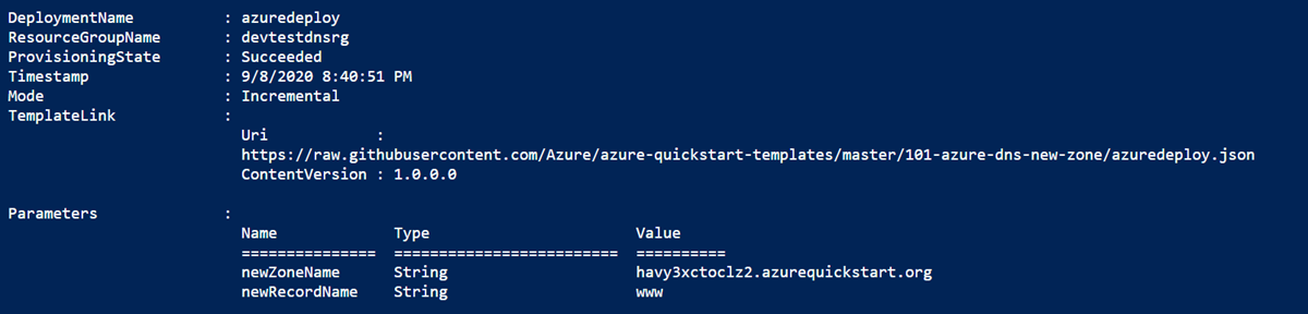 Azure DNS 区域资源管理器模板 PowerShell 部署输出