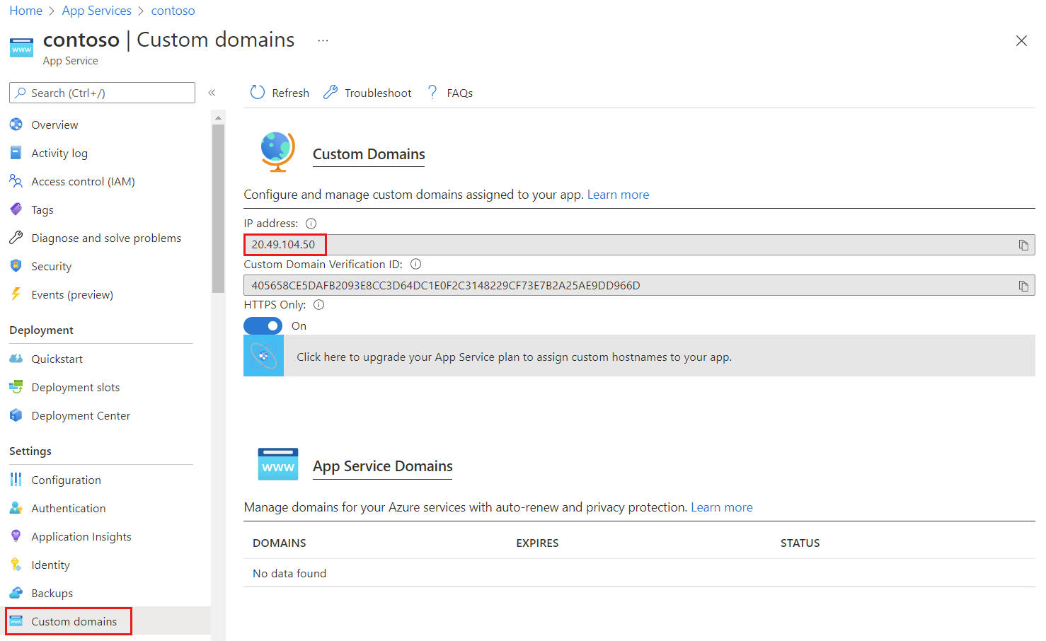 Screenshot of Azure App Service Custom domains page showing the web app I P address.