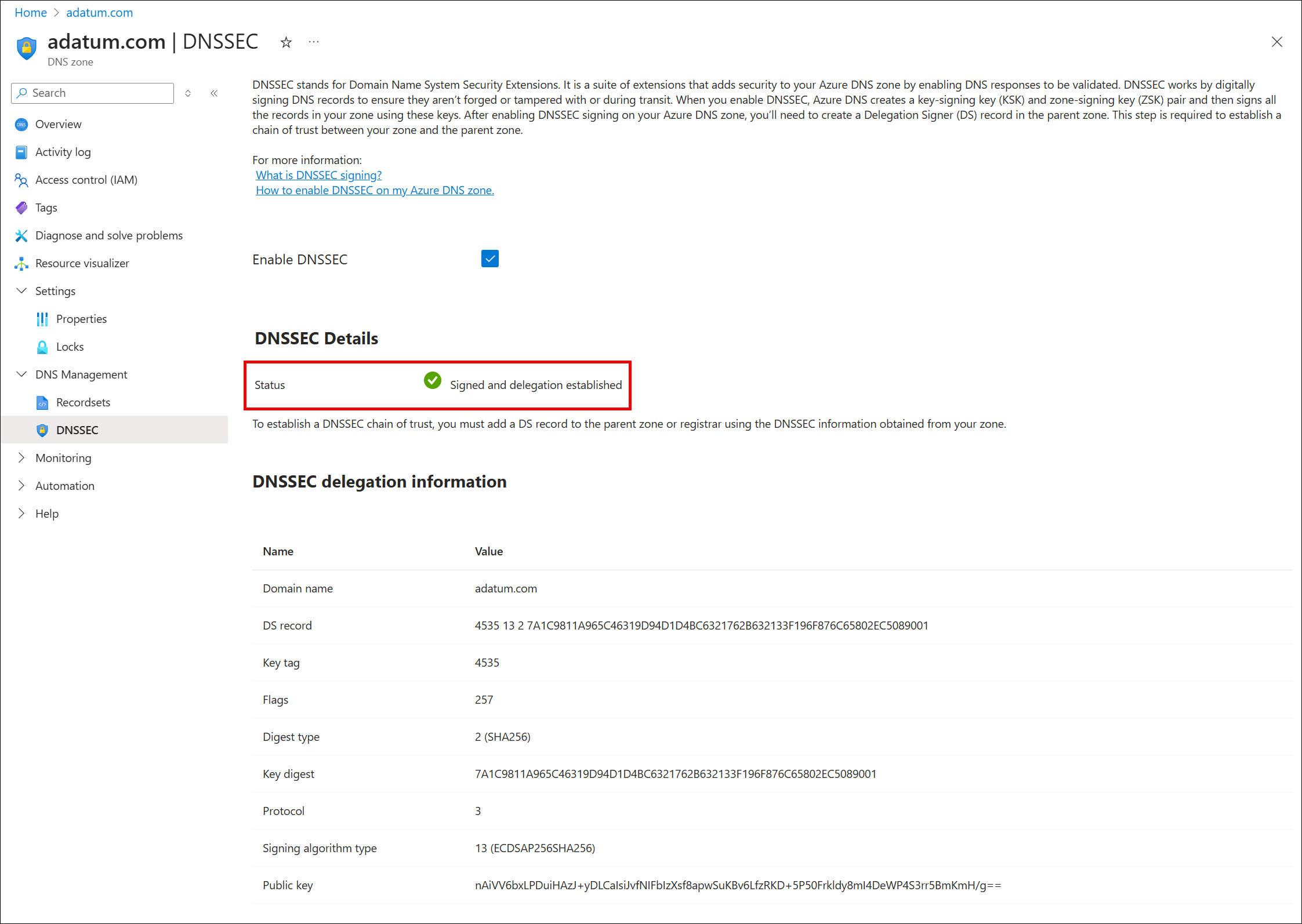 已完全签名并已委派的区域的屏幕截图。