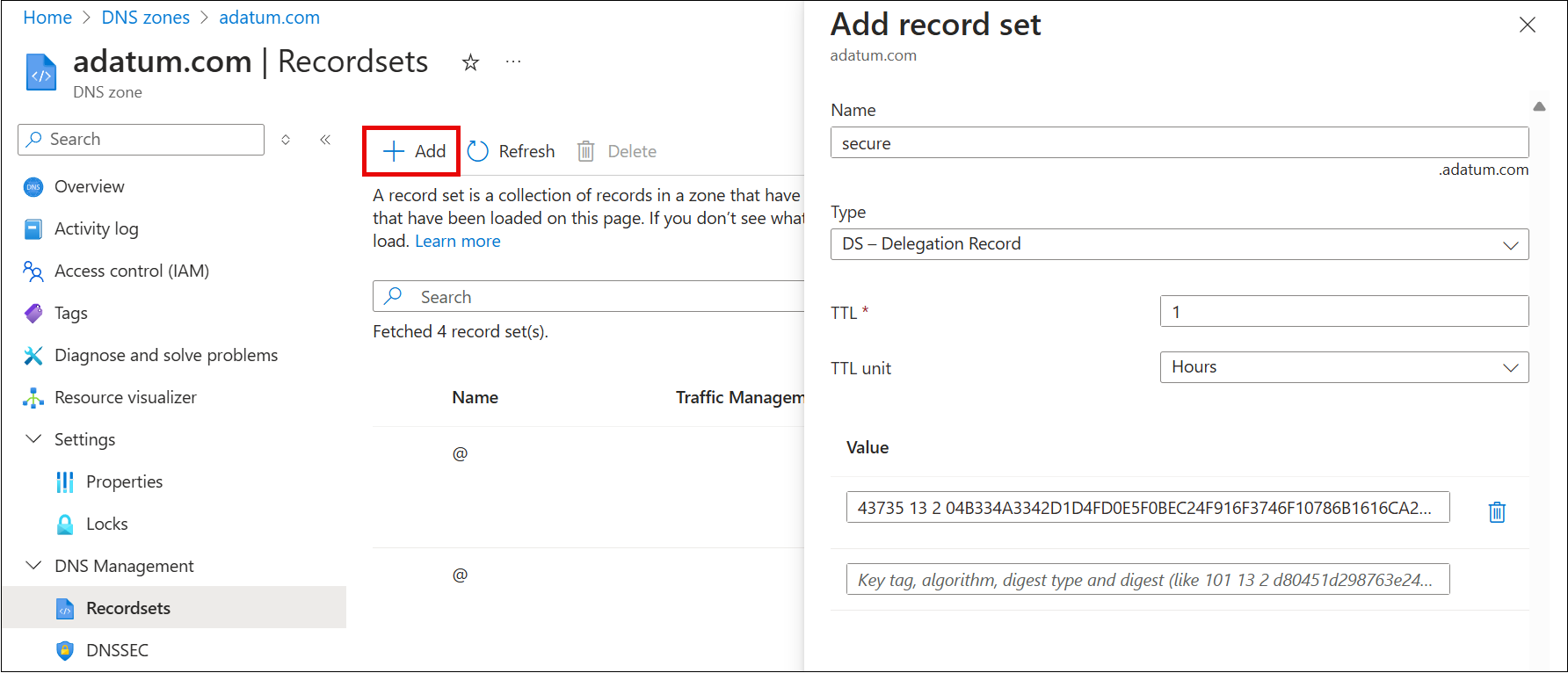 将 DS 记录添加到父区域的屏幕截图。