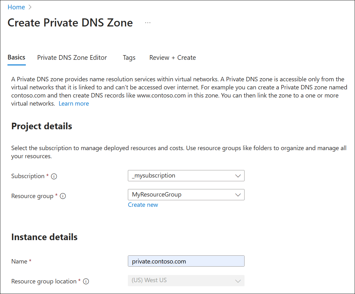 屏幕截图为创建专用 DNS 区域。