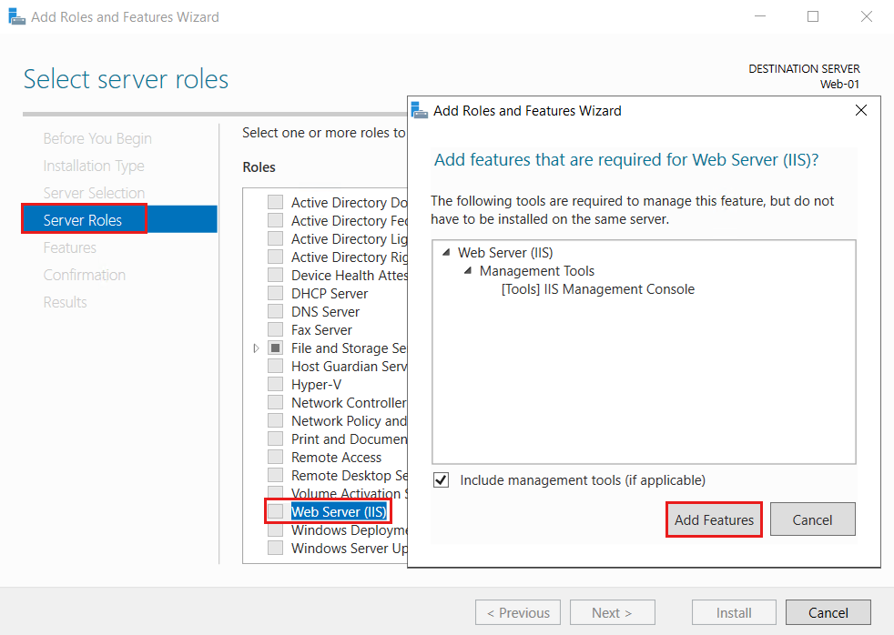 Windows Server 2019 中的“添加角色和功能”向导的屏幕截图，其中显示了如何通过添加 Web 服务器角色来安装 IIS Web 服务器。
