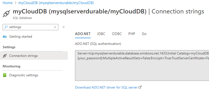 Azure 门户中 Azure SQL 数据库连接字符串页面的屏幕截图。
