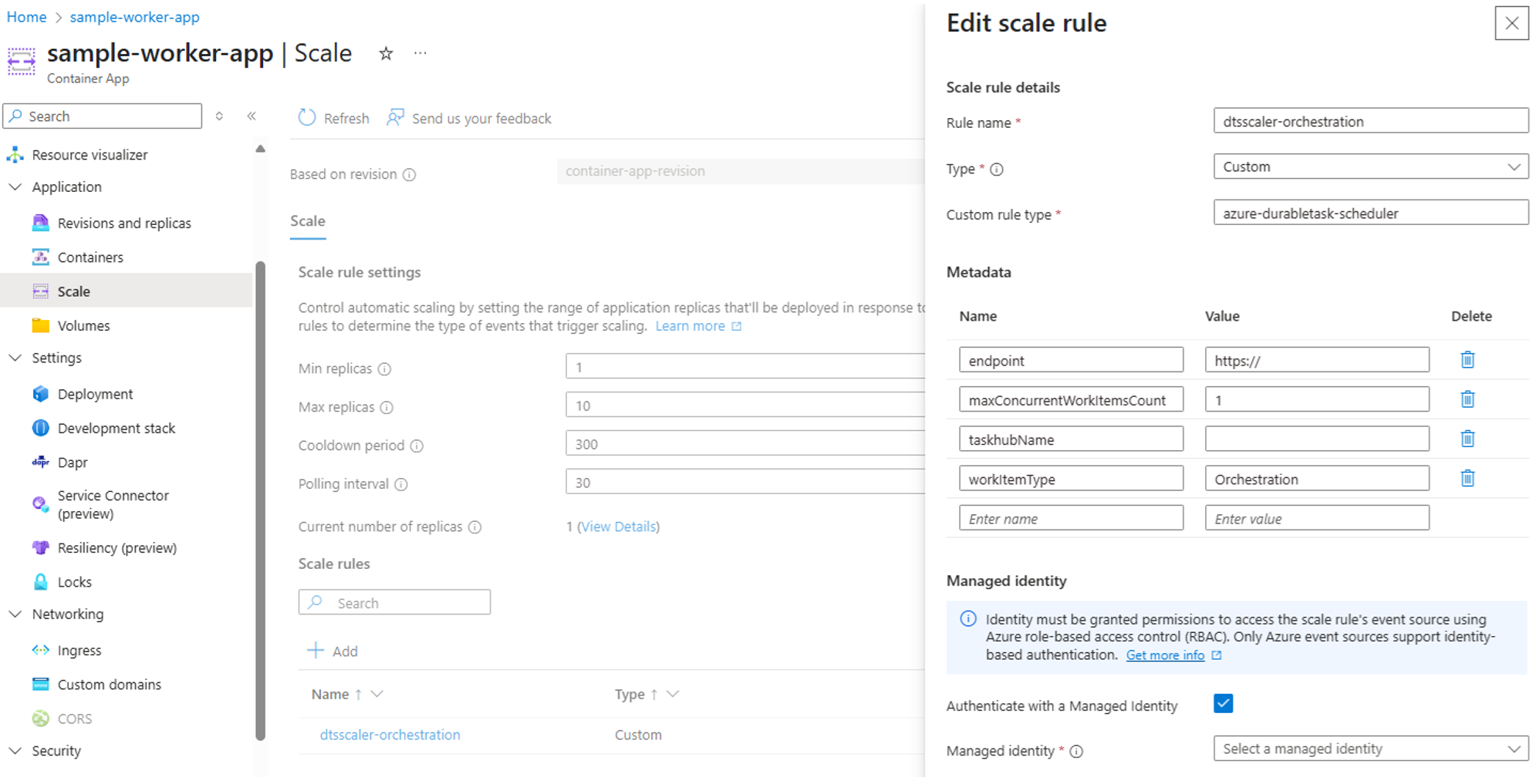  Azure 门户中与缩放程序相关的持久任务计划程序配置的屏幕截图。