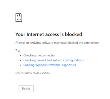 显示 Internet 访问被阻止的屏幕截图。