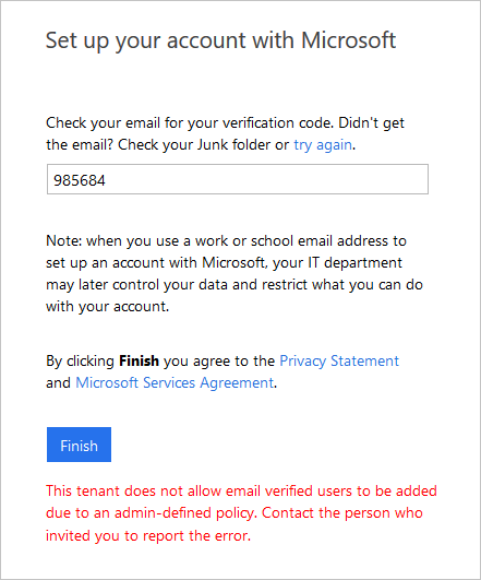 屏幕截图：错误说明租户不允许经电子邮件验证的用户。