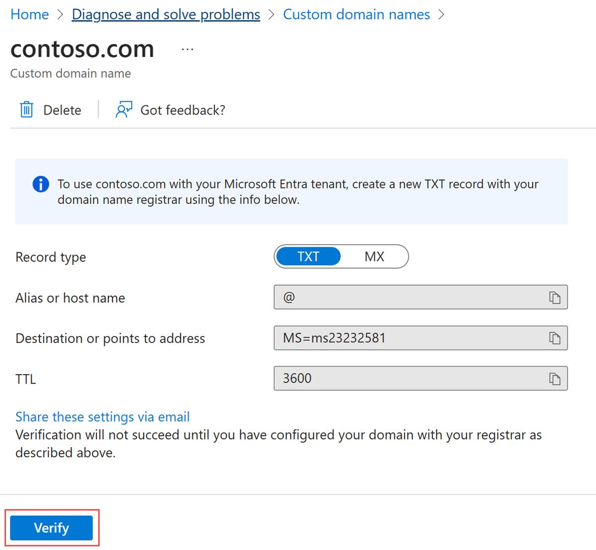 “Contoso”页的屏幕截图，其中包含 DNS 条目信息和“验证”按钮。
