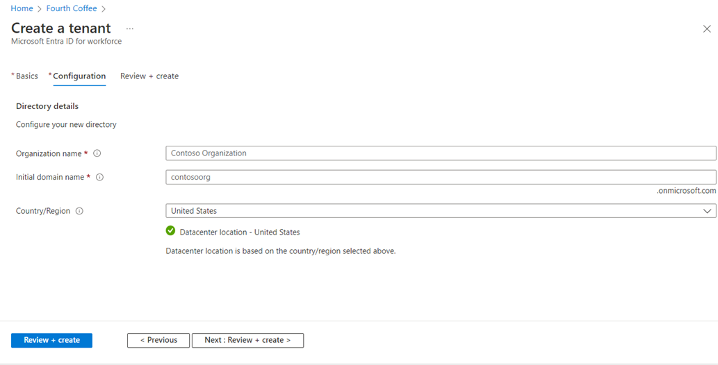 Microsoft Entra ID - 创建租户页面 -“配置”选项卡的屏幕截图。