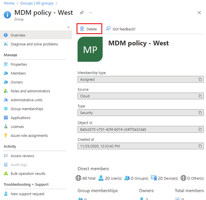 “MDM 策略 - 西部概述”页的屏幕截图，其中突出显示了“删除”链接。