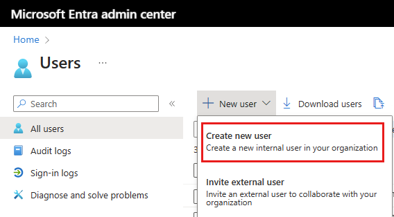 Microsoft Entra ID 中新建用户菜单的屏幕截图。