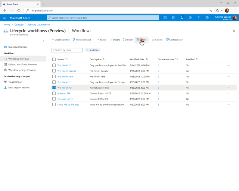 工作流列表的屏幕截图，其中选择了一个工作流，以及“删除”按钮。