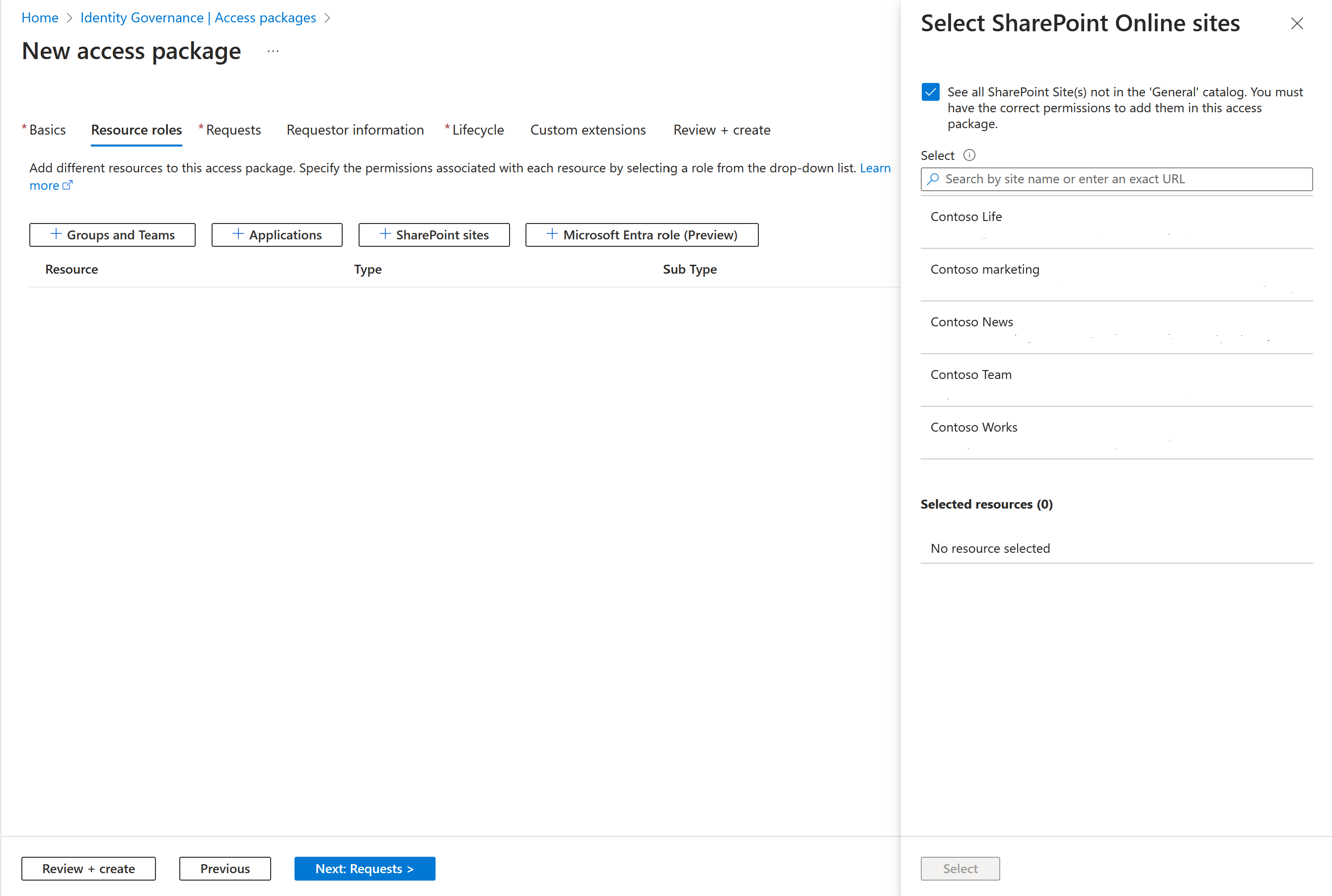 访问包 - 添加资源角色 - 选择 SharePoint 站点 - 门户视图