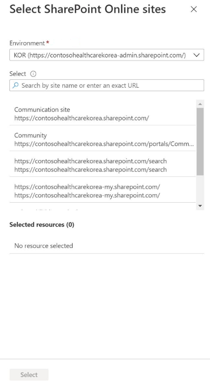 显示“选择 SharePoint Online 站点”窗格的屏幕截图。