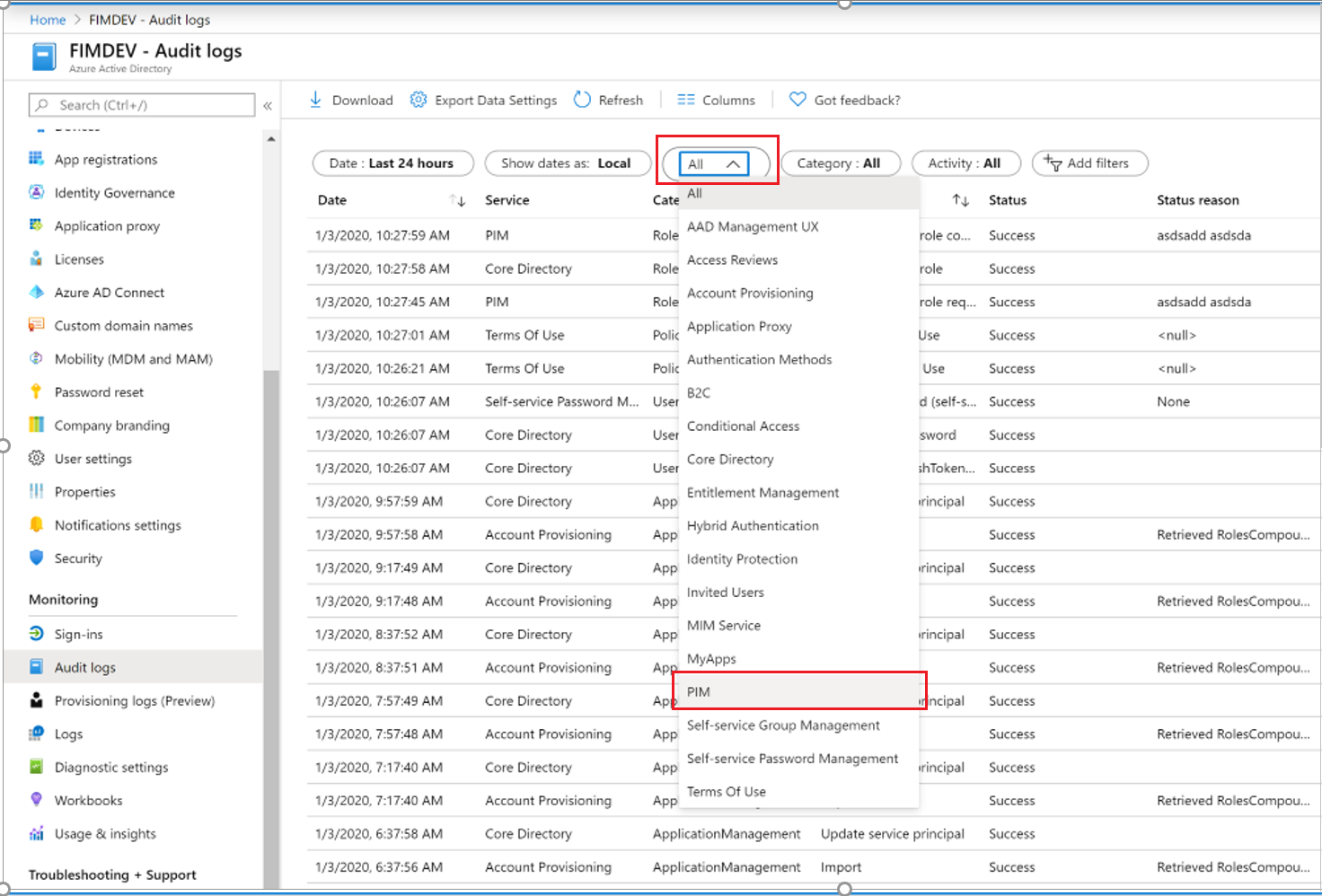 显示筛选 PIM 服务的审核日志的屏幕截图。