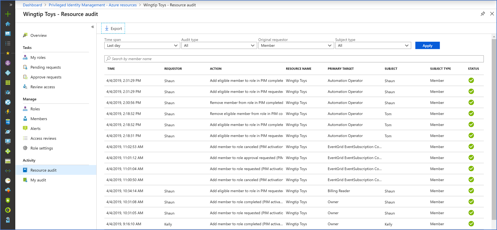 显示带筛选器的 Microsoft Entra 角色审核列表的屏幕截图。