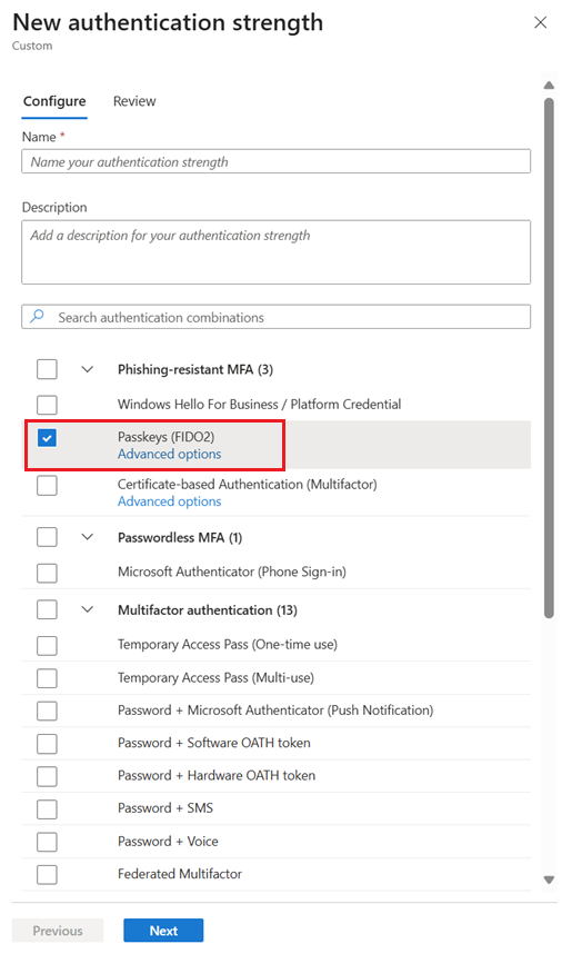 显示密钥高级选项链接的屏幕截图。