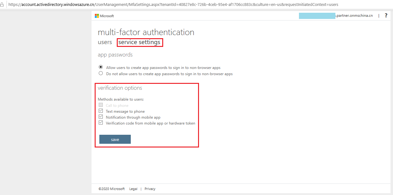 Configuring verification methods in the Multi-Factor Authentication service settings tab