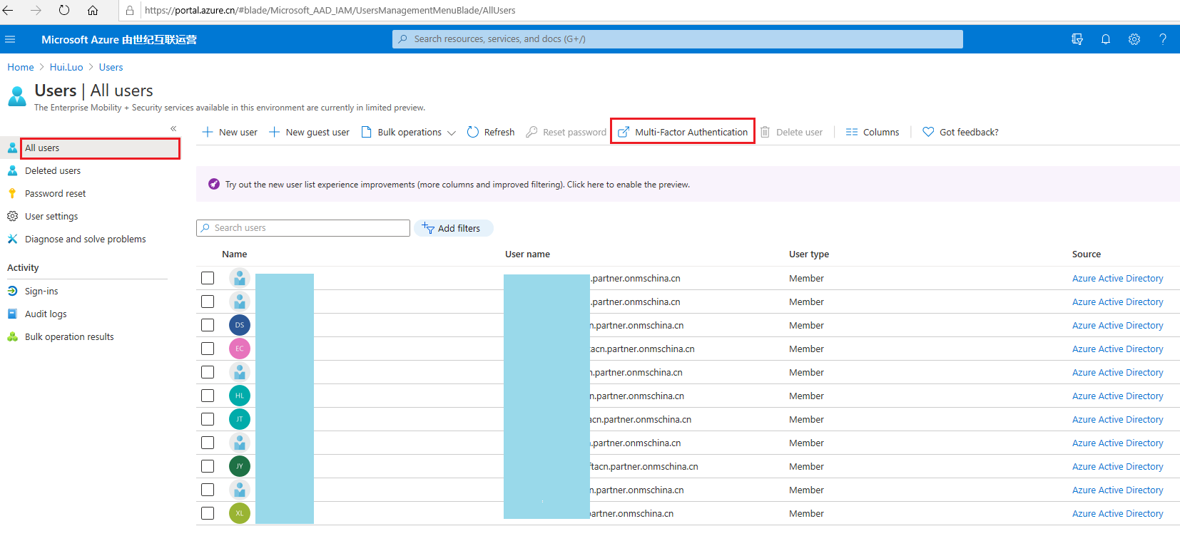 Accessing the Multi-Factor Authentication portal from Microsoft Entra ID Users blade in Azure portal