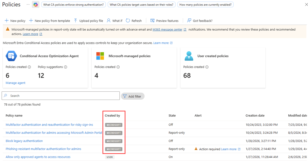 条件性访问策略的屏幕截图，其中突出显示了Microsoft管理的策略。