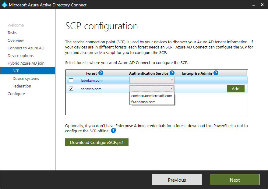 显示 Microsoft Entra Connect 和联合域中 SCP 配置的选项的屏幕截图。