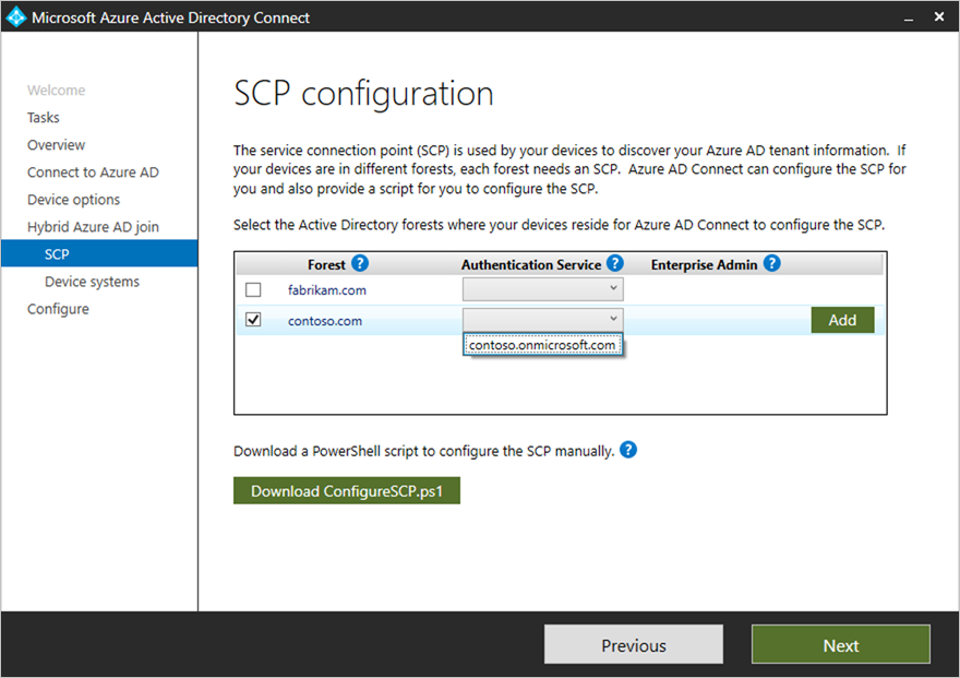 显示 Microsoft Entra Connect 和托管域中 SCP 配置的选项的屏幕截图。