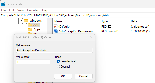 该图像显示了 Windows 上的注册表编辑器。第一行显示路径“Computer\HKEY_LOCAL_MACHIEN\SOFTWARE\Policies\Microsoft\AAD”。其下方是一个树视图，右侧是一个内容窗格。树视图中显示“Policies”，其下包含“Adobe”、“Google”和“Microsoft”，而“Microsoft”下有一个子项“AAD”。右侧显示了正在创建的注册表值。其名称为“AutoAcceptSsoPermission”，并且右侧显示了一个用于创建/编辑新值的弹出窗口，其中 ValueName 为 AutoAcceptSsoPermission，ValueData 为 1，Base 的值为“Hexadecimal”。