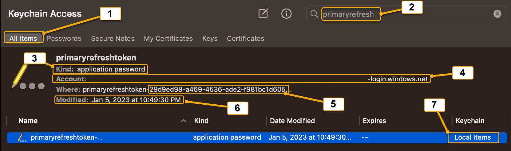 显示如何在密钥链访问应用中查找 PRT 的屏幕截图。