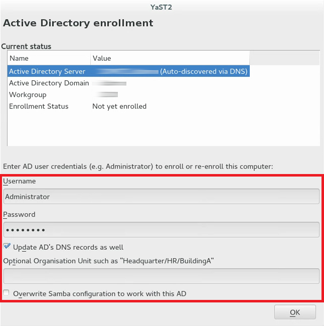 YaST 中 Active Directory 注册窗口的示例屏幕截图