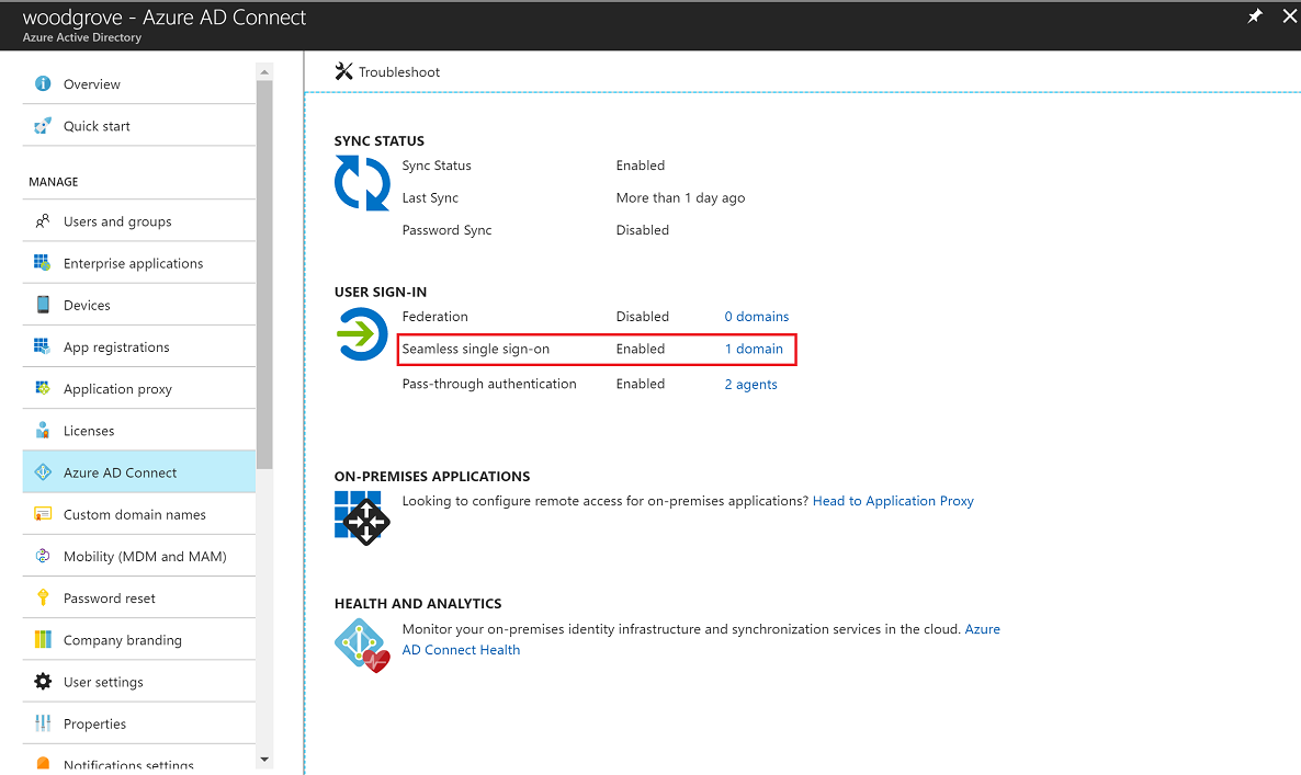 显示管理门户中Microsoft Entra Connect 窗格的屏幕截图。