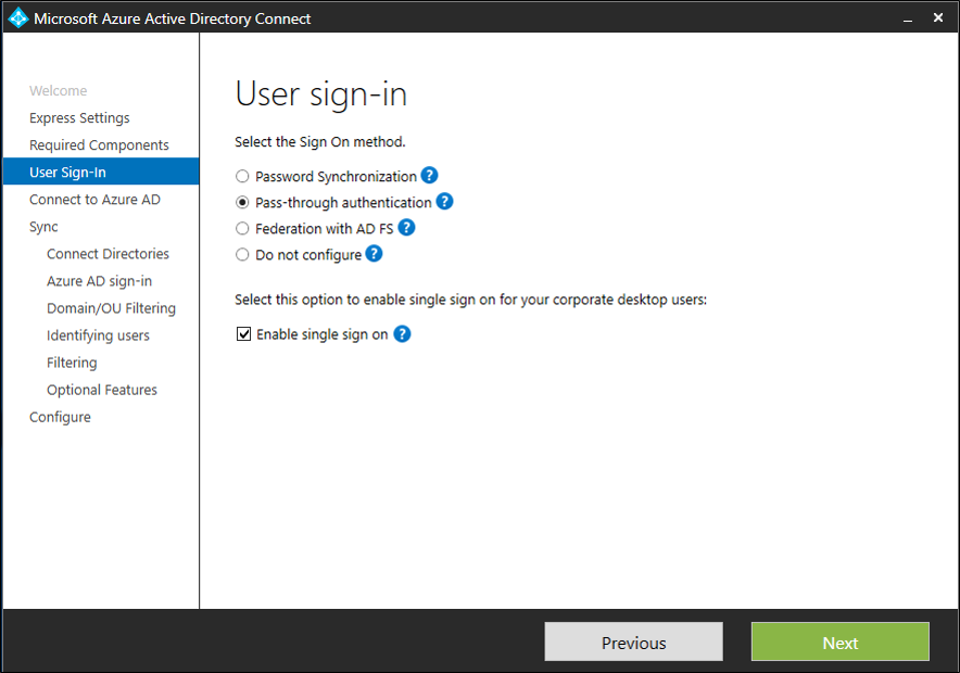 显示Microsoft Entra Connect 中的“用户登录”页的屏幕截图，其中选择了“启用单一登录”。