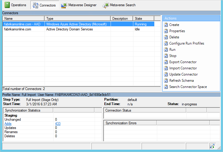 显示 Microsoft Entra Connect Sync Service Manager 的屏幕截图。