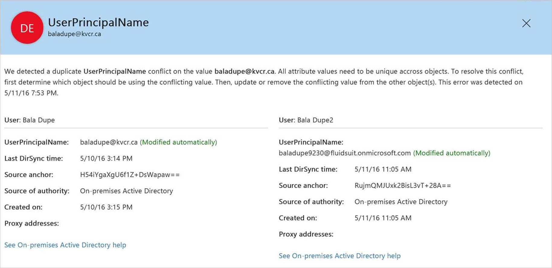 该屏幕截图显示了 Microsoft 365 管理中心中目录同步错误。