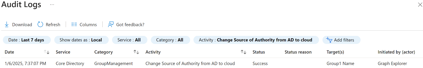 Azure 门户的屏幕截图，显示了将权威来源从 AD DS 更改为云的操作选项。