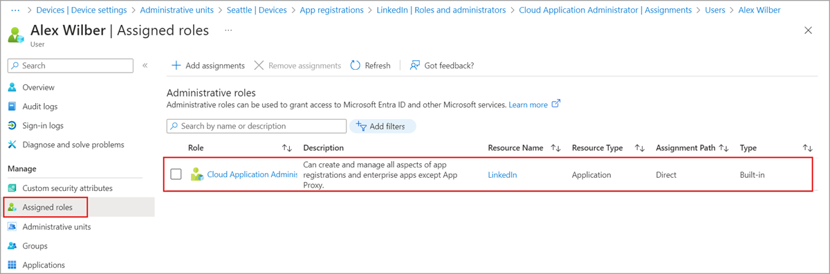 为 Microsoft Entra ID 中以应用注册为作用域的用户分配的角色。