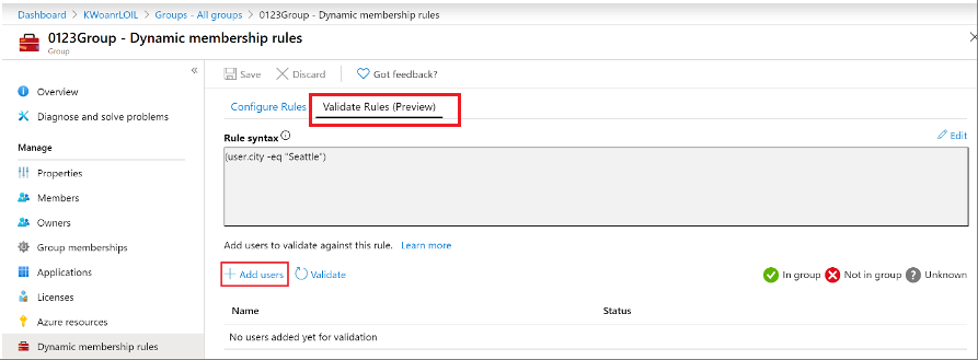 Screenshot of adding users to validate the existing rule against.