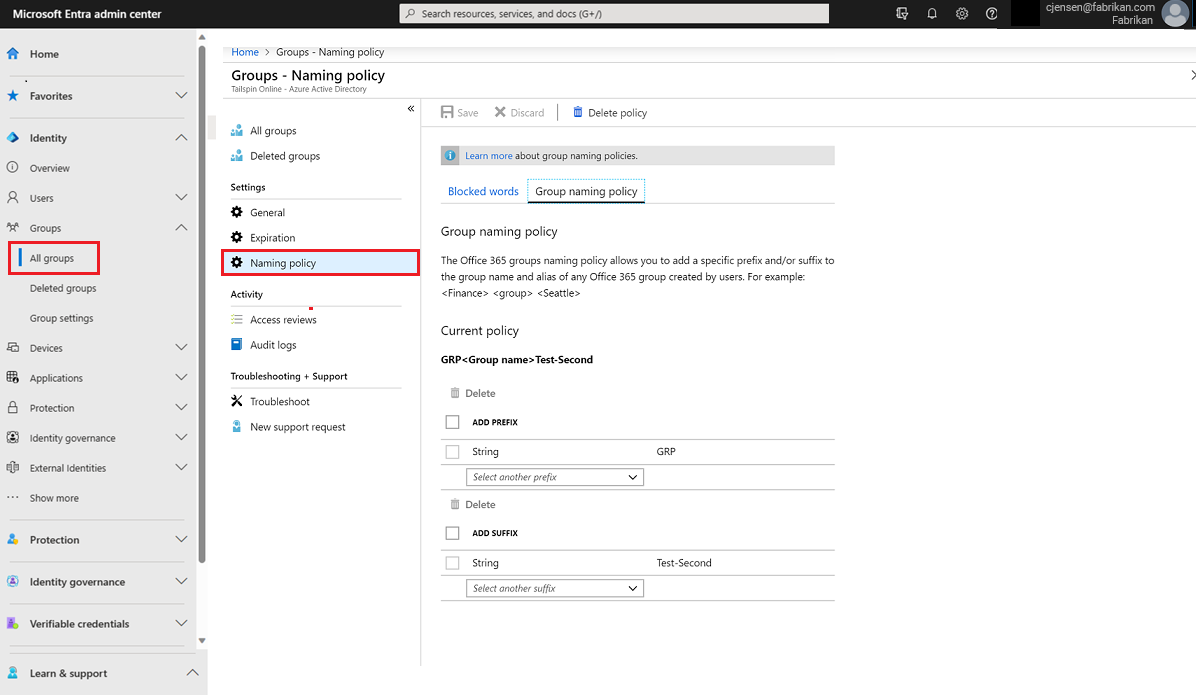 Screenshot of the Naming policy page in the admin center.