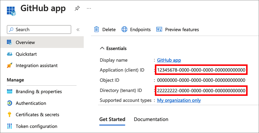 演示如何从 Microsoft Entra 管理中心复制应用程序 ID 和租户 ID 的屏幕截图。