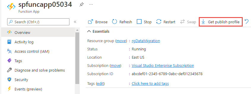 Screenshot showing the selection of the **Get Publish Profile** button on the command bar of the function app page.