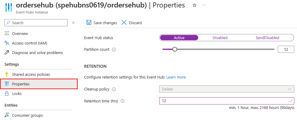 事件中心“属性”页面的屏幕截图。