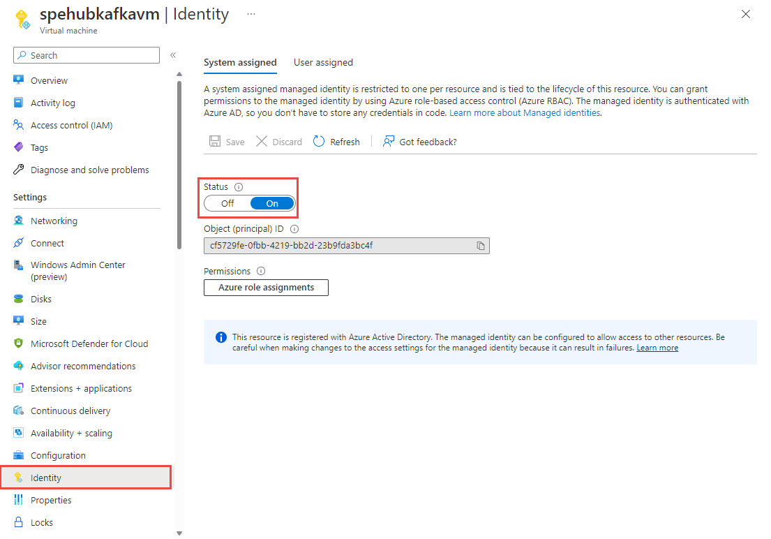 Azure 门户中虚拟机页的“标识”选项卡的屏幕截图。