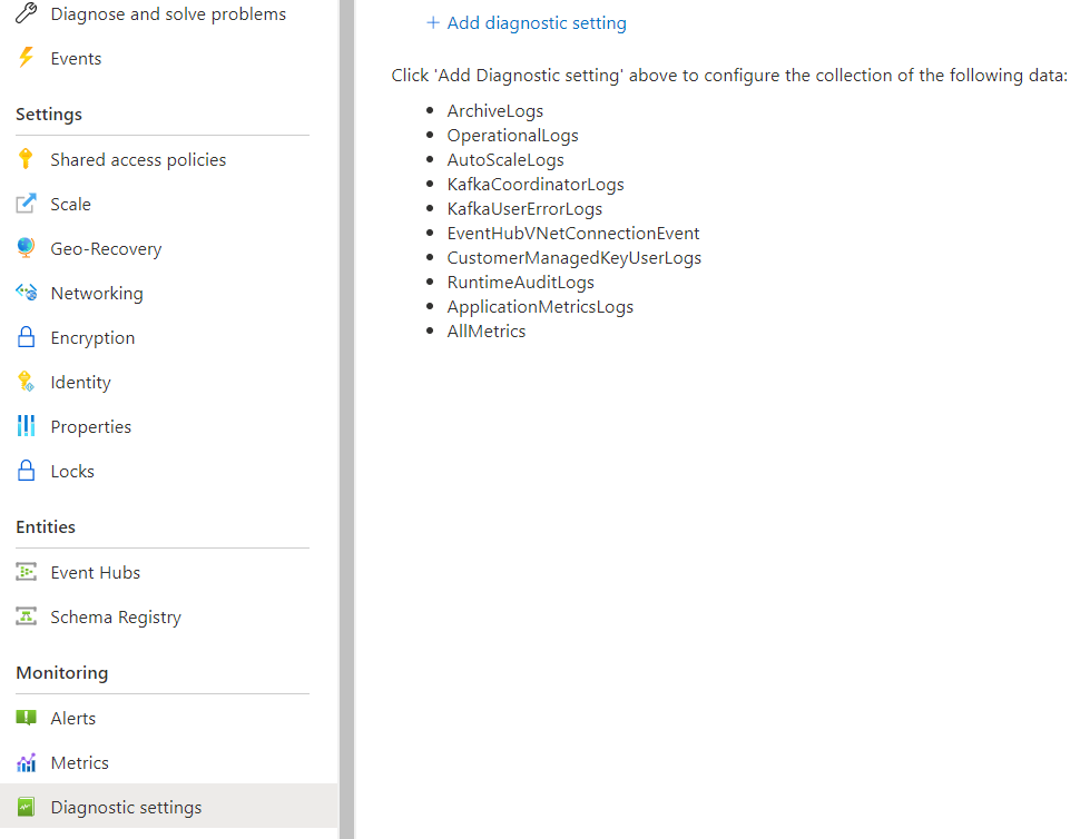 Screenshot showing the Diagnostic settings page.