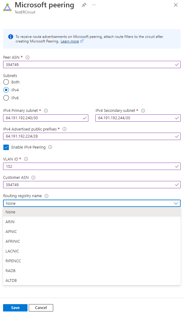 Screenshot showing how to update Microsoft peering configuration.