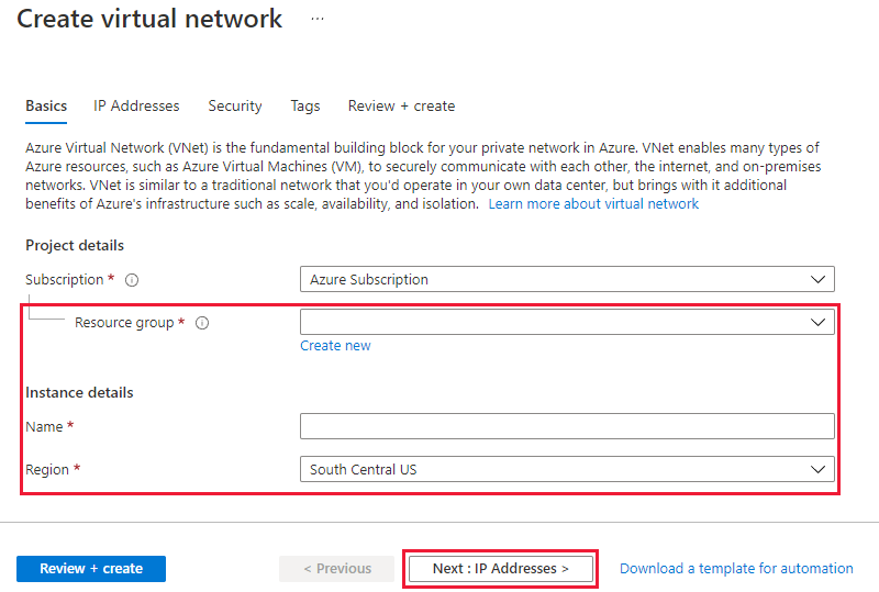屏幕截图显示“创建虚拟网络”的“基本信息”选项卡。