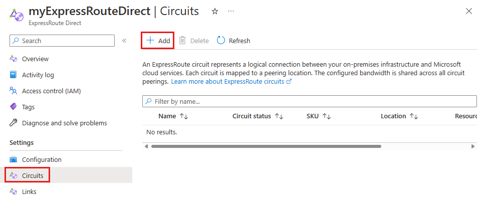 显示向 ExpressRoute Direct 资源添加线路按钮的屏幕截图。