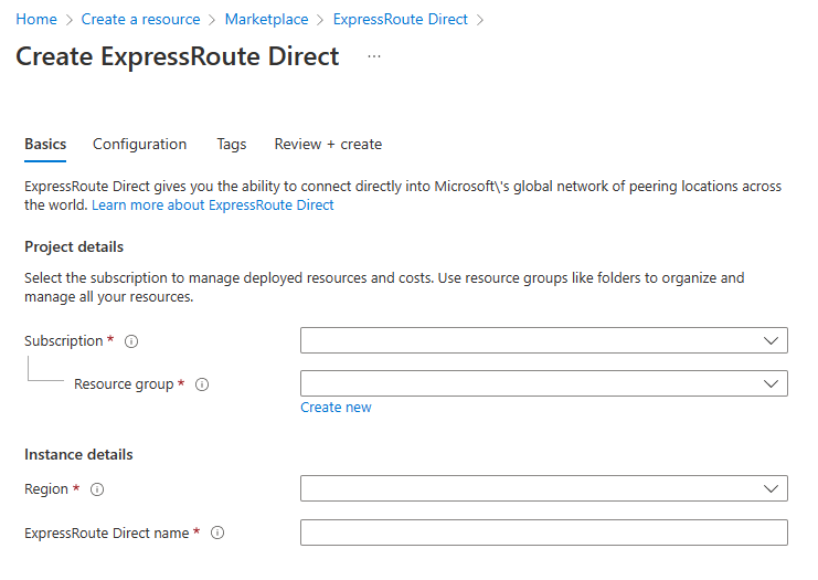 用于创建 ExpressRoute Direct 的“基本信息”页的屏幕截图。